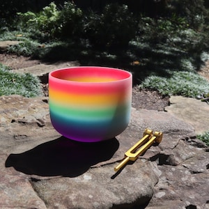 528 Hz Rainbow - 8” Crystal Singing Bowl And 174 Hz Solfeggio Tuning Fork - 99% Quartz Crystal, Mallet, With Padded Carry Case