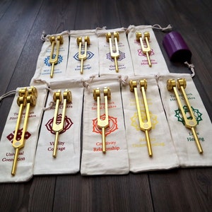 Myriad Melodies&#39; Professionally Tuned .25  8pc Chakra Tuning Fork Set - Gold, Root Through Crown Chakras - Attenuator Extenders - Biofield
