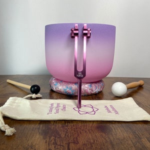 High Vibrational Crown Chakra 8" Crystal Singing Bowl 432Hz B-Note, Merkaba Soul Purpose Tuning Fork, Bag, Sound Vibration, Gift For Her