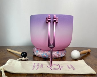 High Vibrational Crown Chakra 8" Crystal Singing Bowl 432Hz B-Note, Merkaba Soul Purpose Tuning Fork, Bag, Sound Vibration, Gift For Her