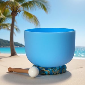 432 Hz 8" Throat Chakra Singing Bowl with Tuning Fork - Perfect Pitch G-Note Sound Bowl with Matching Color Cushion and Light Up Striker