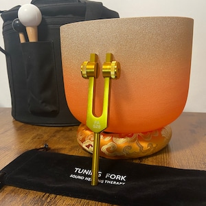 432 Hz Gold Frosted 8" Sacral D Note Quartz Crystal Singing Bowl with Solfeggio 528 Hz Weighted Tuning. Fork, Mallet, O-Ring, Carry Case