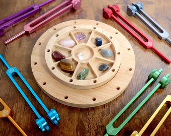 Tuning Fork Holder - 22pc Holder with Tumbled Gemstone - Professionally Crafted with Chakra Symbols, Sound Vibration