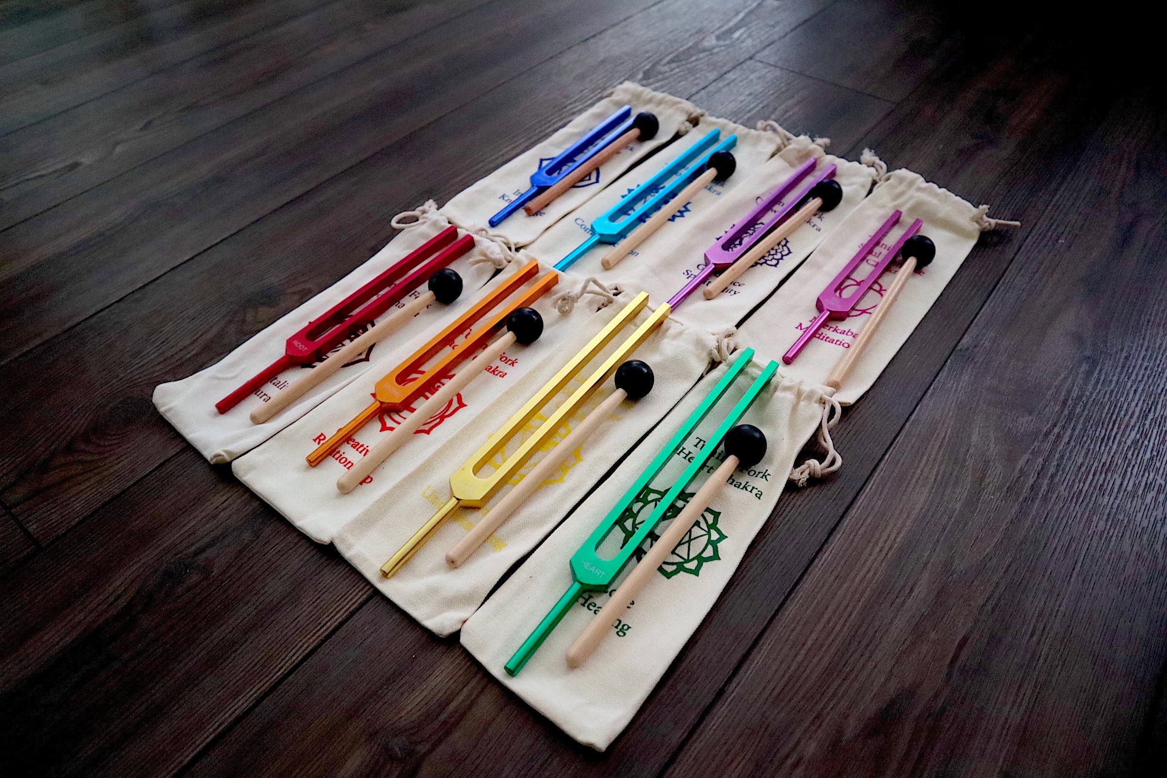 Myriad Melodies' 8pc Unweighted Chakra Tuning Fork Set For Working With The Bio-Field - Drawstring Pouches and Strikers, Sound Vibration