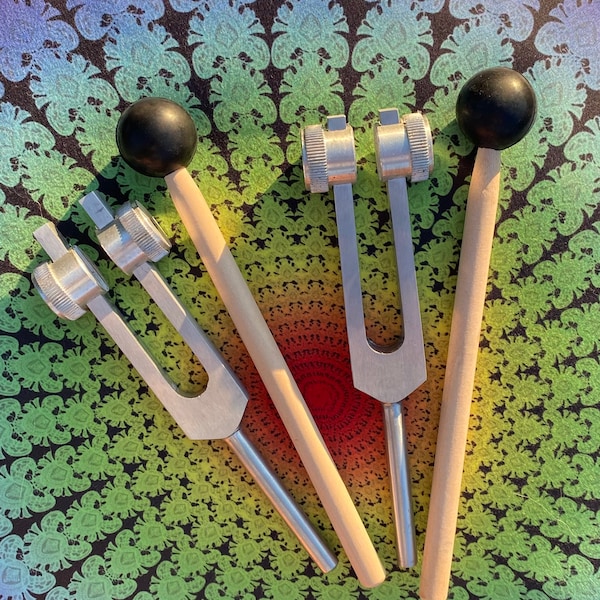 432 Hz and 528 Hz Silver Weighted Solfeggio Set Best Tuning Forks for Vibration - Attenuator Handle Extensions with 10mm Crystal