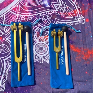 Gold Finish 174 Hz and 528 Hz Solfeggio Set Best Tuning Forks for Vibration - Attenuator Handle Extender with 10mm Crystal