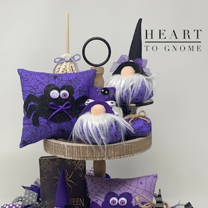 Purple Spider Halloween Tier Tray Collection: Gnome, Garland, Pillows & Pumpkins