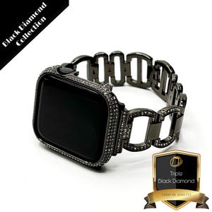 Luxe Apple Watch-band en kast, zwarte Triple Lab Diamond Swarovski-kristallen stalen blingband voor dames, minimalistisch 40 mm 41 mm 44 mm 45 mm 46 mm