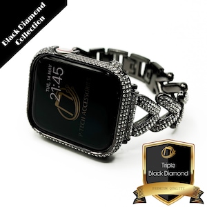 Luxe Apple Watch-band en kast, zwarte Triple Lab Diamond gevlochten Swarovski-kristallen stalen blingband, minimalistisch, 40 mm 41 mm 44 mm 45 mm 46 mm
