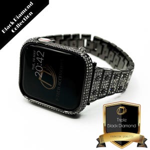 Luxe Apple Watch-band en kast, zwarte Triple Lab Diamond Deluxe Swarovski-kristallen stalen blingband, 38 mm 40 mm 41 mm 42 mm 44 mm 45 mm 46 mm 49 mm