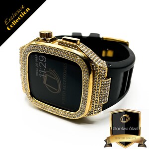 Luxe Apple Watch-band, exclusieve Executive Lab Diamond Swarovski-kristallen roestvrij staal/zwarte siliconen iWatch, minimalistisch 44 mm 45 mm 49 mm