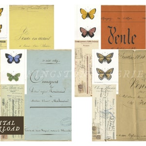 Descarga digital imprimible de recibos bancarios franceses y mariposas para diarios, tarjetas de felicitación, álbumes de recortes, decoración del hogar y proyectos de artesanía 8.5x11