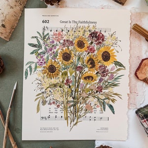 Great Is Thy Faithfulness Fine Art Print | Hymn Floral Christian Painting Lyric | Watercolor on Music Sheet