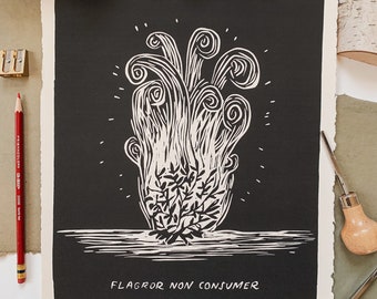 Burning Bush Block Print | Hand-Carved Christian Art (11x14in)