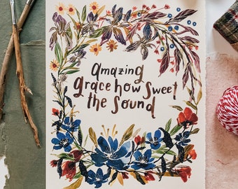 Amazing Grace Lettering Fine Art Print | Christian Hymn | Bible Verse | Watercolor Print | Christian Artwork