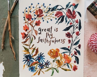 Great Is Thy Faithfulness Lettering Fine Art Print | Lamentations 3:22-23 | Bible Verse | Watercolor Print | Christian Artwork