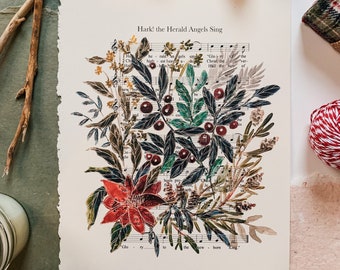 Hark! Herald Angels Sing Art Print | Christmas Hymn Watercolor Floral