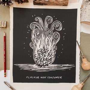Burning Bush Block Print | Art Print | Lino Print | Hand Printed | Wall Art | Digital Print | Christian Art