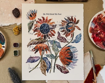 He Will Hold Me Fast Fine Art Print | Hymn Floral Christian Painting Lyric | Sunflowers | Watercolor on Music Sheet