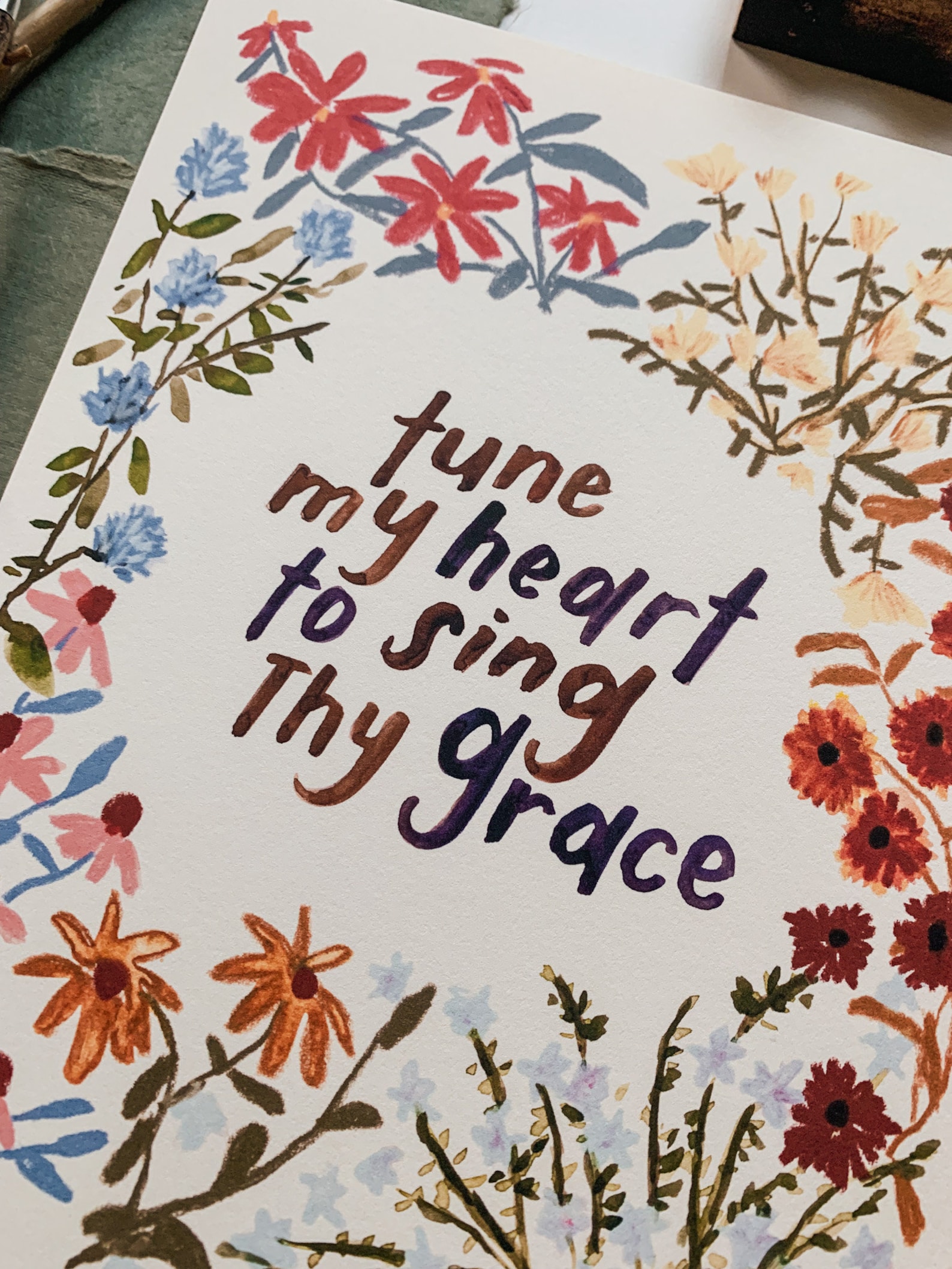 Tune My Heart to Sing Thy Grace Lettering Fine Art Print | Christian Hymn | Watercolor Print ...