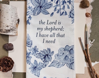 Psalm 23 Floral Kitchen Tea Towel | Blue & White Cotton Dish Towel