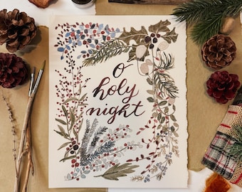 O Holy Night Lettering Fine Art Print | Christmas Carol Hymn | Watercolor Print | Christian Artwork