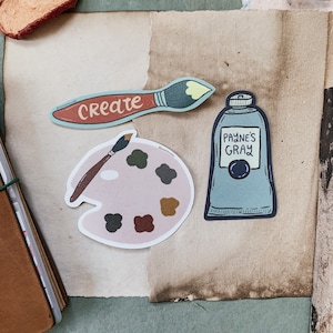 Artist Sticker Pack of 3 | Vinyl Waterproof Stickers | Creative | Artsy | Payne&#39;s Gray | Palette | Paintbrush | Art Supplies | Painting