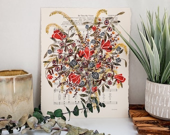 Be Thou My Vision Fine Art Print | Hymn Floral Christian Painting Lyric | Watercolor on Music Sheet | Flower Bouquet