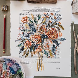 It Is Well With My Soul Fine Art Print | Hymn Floral Christian Painting Lyric | Watercolor on Music Sheet