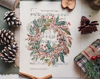 Silent Night Fine Art Print | Hymn Floral Christmas Painting Lyric | Watercolor on Music Sheet