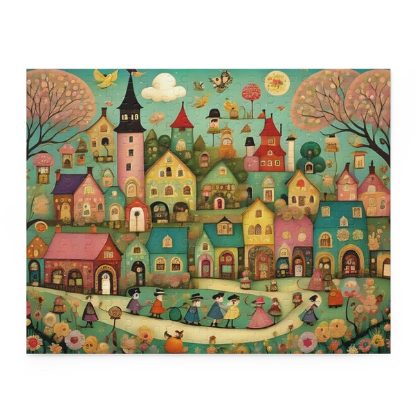 Folk Art Whimsical Village Jigsaw Puzzle (120, 252, 500 Piece) Adult Puzzles Whimsical Jigsaw Puzzle