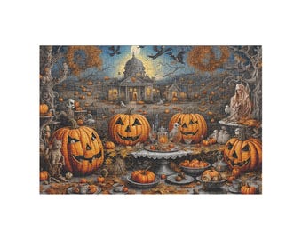 May include: A jigsaw puzzle depicting a Halloween scene with multiple carved jack-o'-lanterns, a large mansion in the background under a full moon, bare trees, flying bats, and a ghostly figure, all rendered in a dark, atmospheric color palette.
