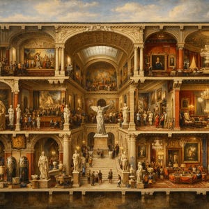 Puede incluir: Ilustración arquitectónica de un gran interior de museo, que muestra múltiples niveles llenos de arte, esculturas y personas. La sección transversal del edificio revela habitaciones ornamentadas, candelabros y estatuas clásicas, todo bañado en luz cálida.