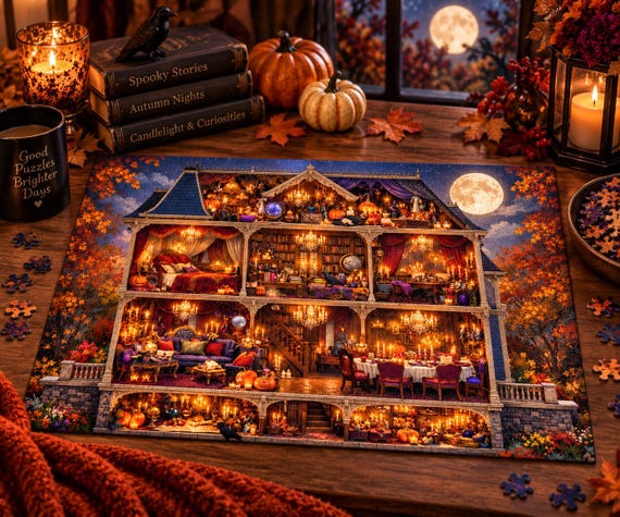 Haunted Mansion Halloween Puzzle | Elegant Gothic Dollhouse Jigsaw Puzzle, Spooky Autumn Decor, Halloween Gift, 250 500 1000 Pieces