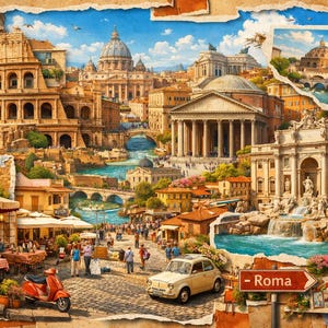 May include: An artistic illustration of Rome, Italy, showcasing famous landmarks such as the Colosseum, Pantheon, and Trevi Fountain. The image depicts a lively cityscape with cafes, cars, and a scooter, set against a blue sky.