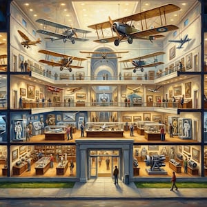 May include: An artistic illustration of an aviation museum, showcasing various aircraft and exhibits. The multi-story building features biplanes suspended from the ceiling and displays of model planes, engines, and historical artifacts. The color palette includes warm tones.