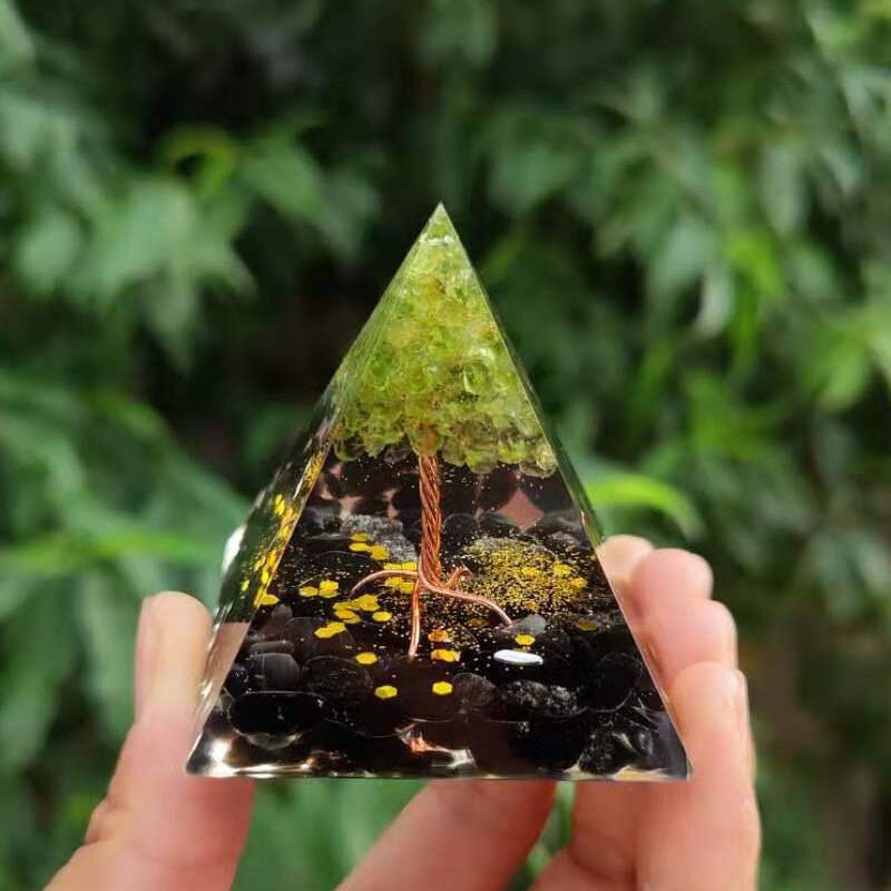 Pyramide d'orgone Péridot Obsidienne | Arbre de Vie Orgonite Pyramide Protection Contre Les Champs É