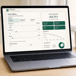 Könnte beinhalten: Ein Laptop-Bildschirm mit einer Kreditrechner-Oberfläche namens Kreditrechner. Das Dashboard zeigt Eingabefelder für Kreditsumme, Zinssatz und Laufzeit sowie eine monatliche Rate von 454,79 €, ein Liniendiagramm und ein Kreisdiagramm zur Übersicht.