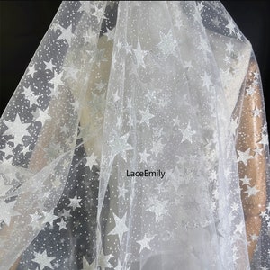 White glitter star embroidery lace fabric Star tulle Fabric For Girl Dress Tutu Dress Wedding Dress Bridal Veil 1 yard image 1