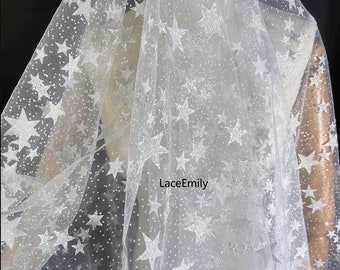 Tela de encaje con bordado de estrellas y purpurina: tul para vestido de novia (1 yarda)