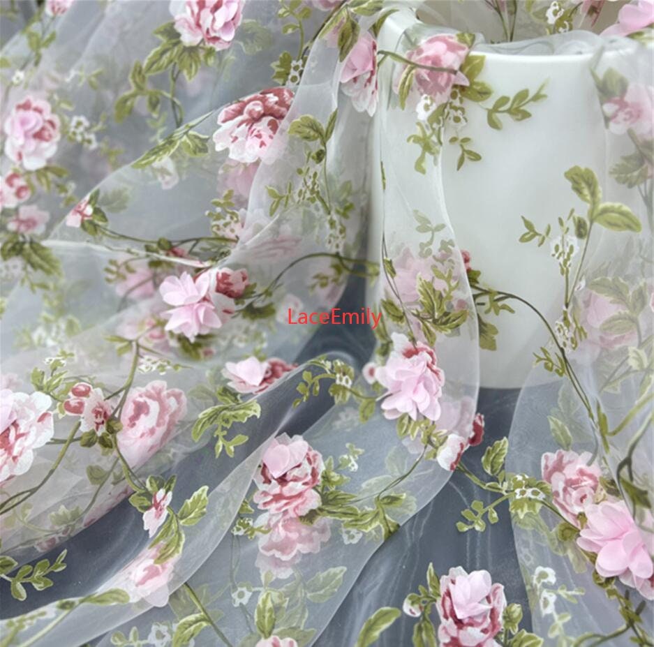 White organza fabric by the yard-watercolor look roses printed organza  fabric