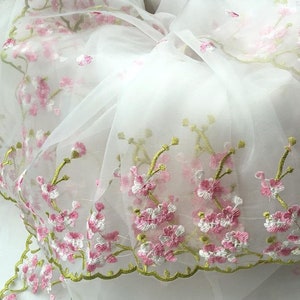 Pink Flower Embroidery Lace Fabric White Organza lace fabric  For Wedding Dress Bridal Veil Tutu dress By 1 Yard
