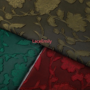 Red green flower Jaquard chiffon Fabric, flowers leaves embroidery chiffon Fabric for Girl Dress, Wedding dress, Summer Dress, Shirts