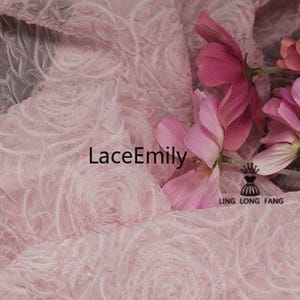 Puede incluir: Primer plano de tela de encaje rosa con un patr&oacute;n de rosas. La tela est&aacute; drapeada y tiene un aspecto delicado y texturizado. Flores rosas est&aacute;n dispuestas sobre la tela. El texto "LaceEmily" es visible.