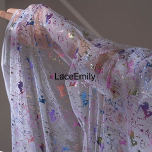 7 Colors Sequins Horse  Lace Fabric Colorful Glitter unicorn stars Soft Tulle Fabric For Girl Dress Tutu Dress Wedding Dress Bridal Veil