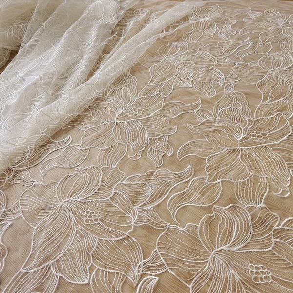 Elfenbein Lotus Stickerei Spitzenstoff Blumen Tüll für Brautkleid Mädchenkleid
