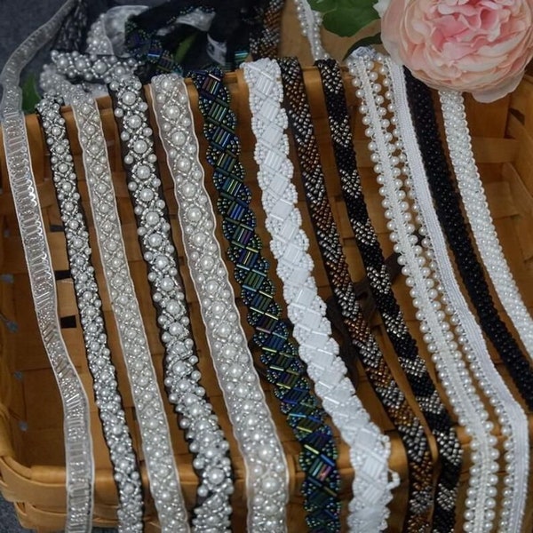 Ivory Pearls Beaded Trim,  Alencon Lace Trim Pearls Chain for Bridal, Wedding Sash Belts, Jewelry Design, Curtain Decor Supply, By 1 Yard