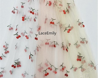 3 Color Lovely Cherry Embroidered Lace Fabric Cherry Soft Tulle Fabric For Girl Dress Tutu Dress Wedding Dress Bridal Veil 1 Yard