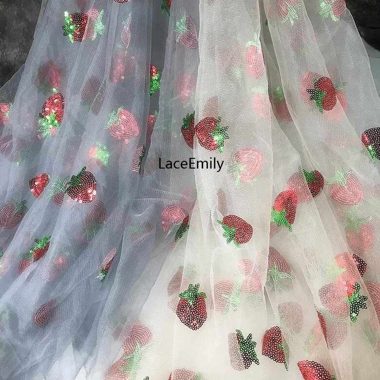 Strawberry Fabric, Strawberry Lace Fabric, Glitter Sequined Strawberry  Tulle Fabric 