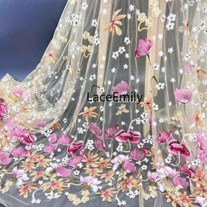 High quality dense embroidery Beautiful Flower Lace Fabric blue lotus flower soft Tulle Fabric for wedding dress bridal dress 1 yards